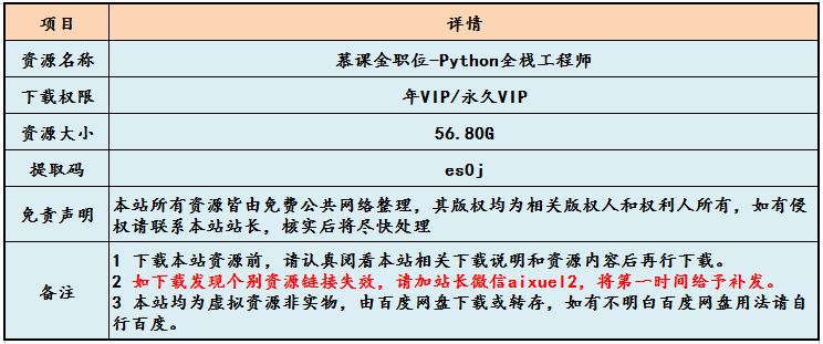 慕课金职位-Python全栈工程师编程网课教程学习，56.80G学习资料百度网盘资源下载