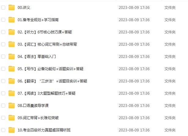 2023王琢等考虫英语四级全程班（听力/词汇/语法/写作/翻译/讲义等）